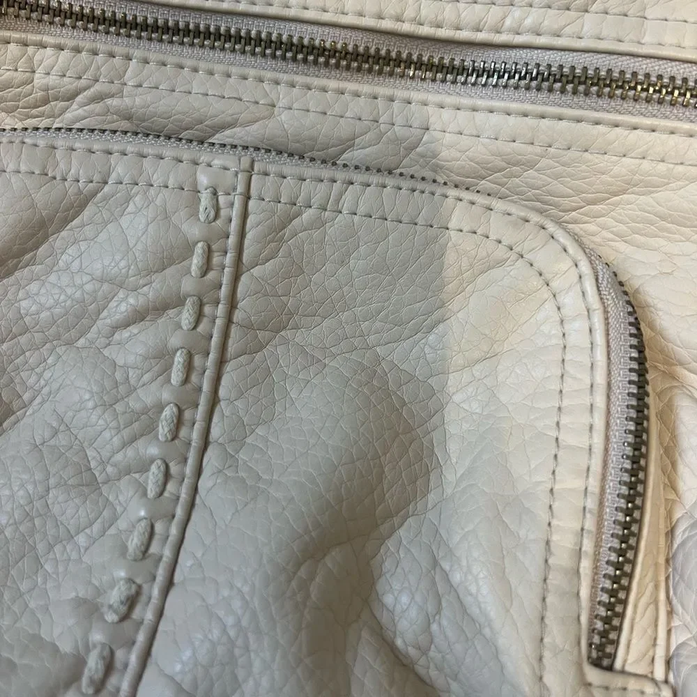 Cream Faux Leather Mini Backpack Pom Pom Charm Boho Casual Daypack Beige